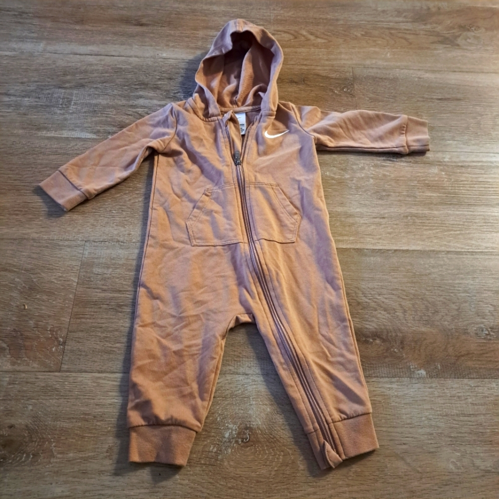 Nike Tan White Logo One Piece Hooded Coverall Front Zipper Baby's Size 9 Months